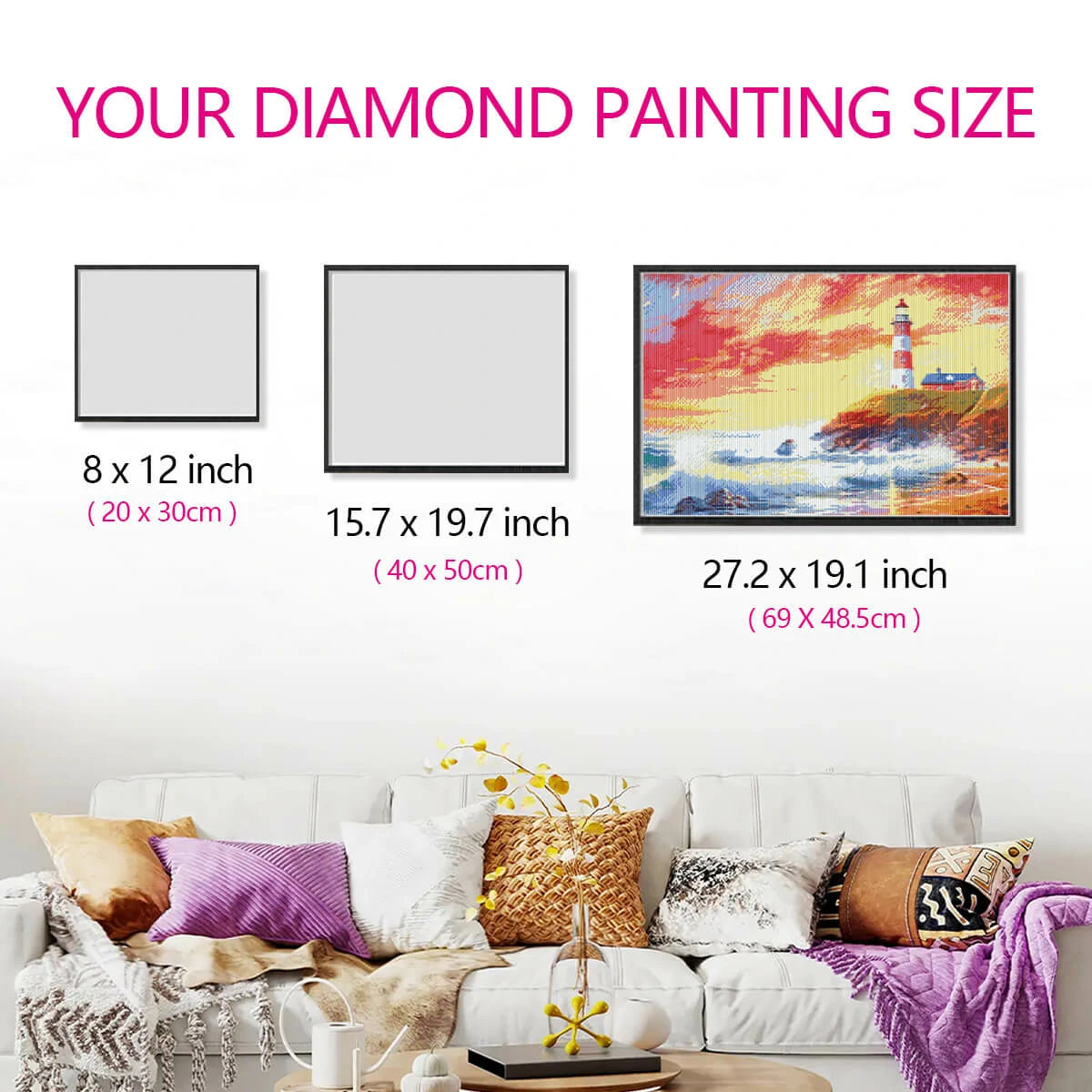 Wall-mounted size comparison showing Beach of Hope diamond painting artwork proportions in a living room or beach-themed setting.