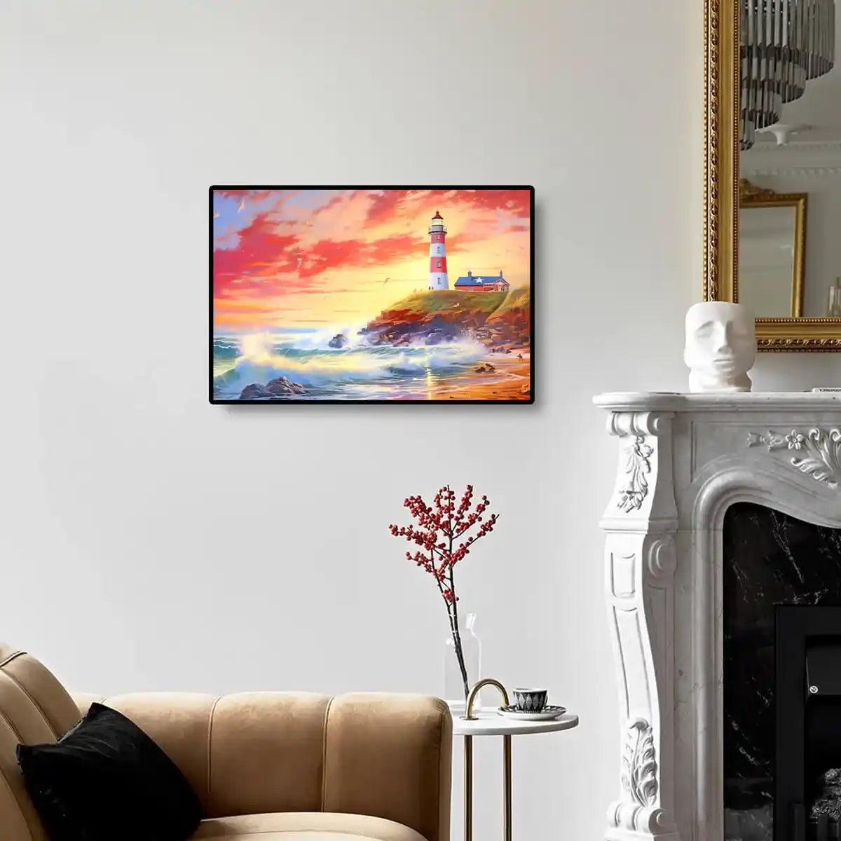 Beach of Hope diamond painting displayed on wall, creating a relaxing and tranquil atmosphere in any room, perfect for nature or beach lovers.