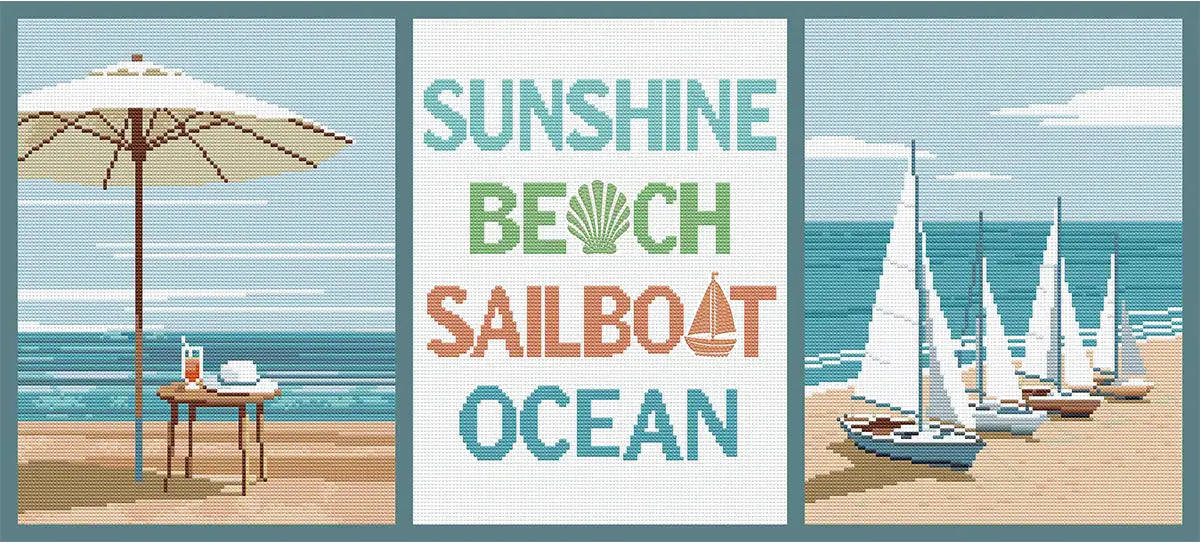 Completed Beachside 5D diamond painting: vibrant beach scene with sparkling typography details - FEELOOK Art