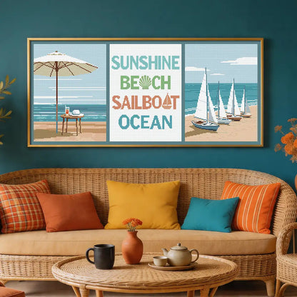 Beachside 5D diamond painting in living room: adds sunny beach charm to decor - FEELOOK Art
