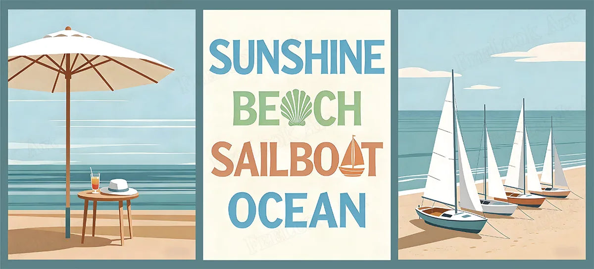 Main image of Beachside 5D diamond painting: coastal scene with umbrella, sailboats & beach typography - FEELOOK Art