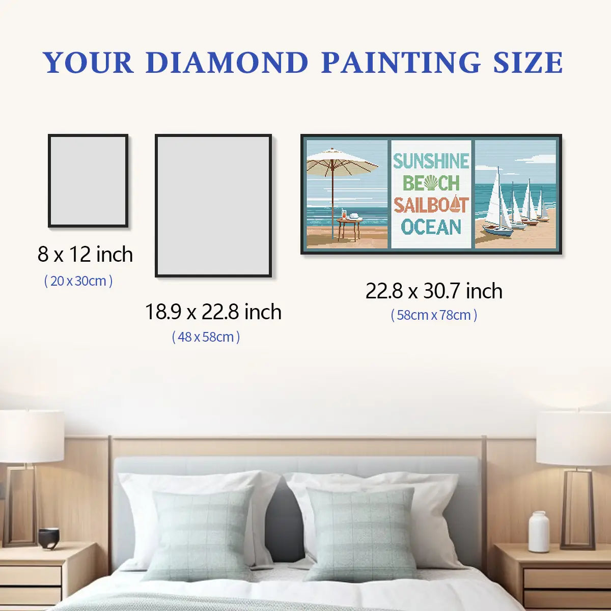 Size chart for Beachside 5D diamond painting: multiple decor options - FEELOOK Art