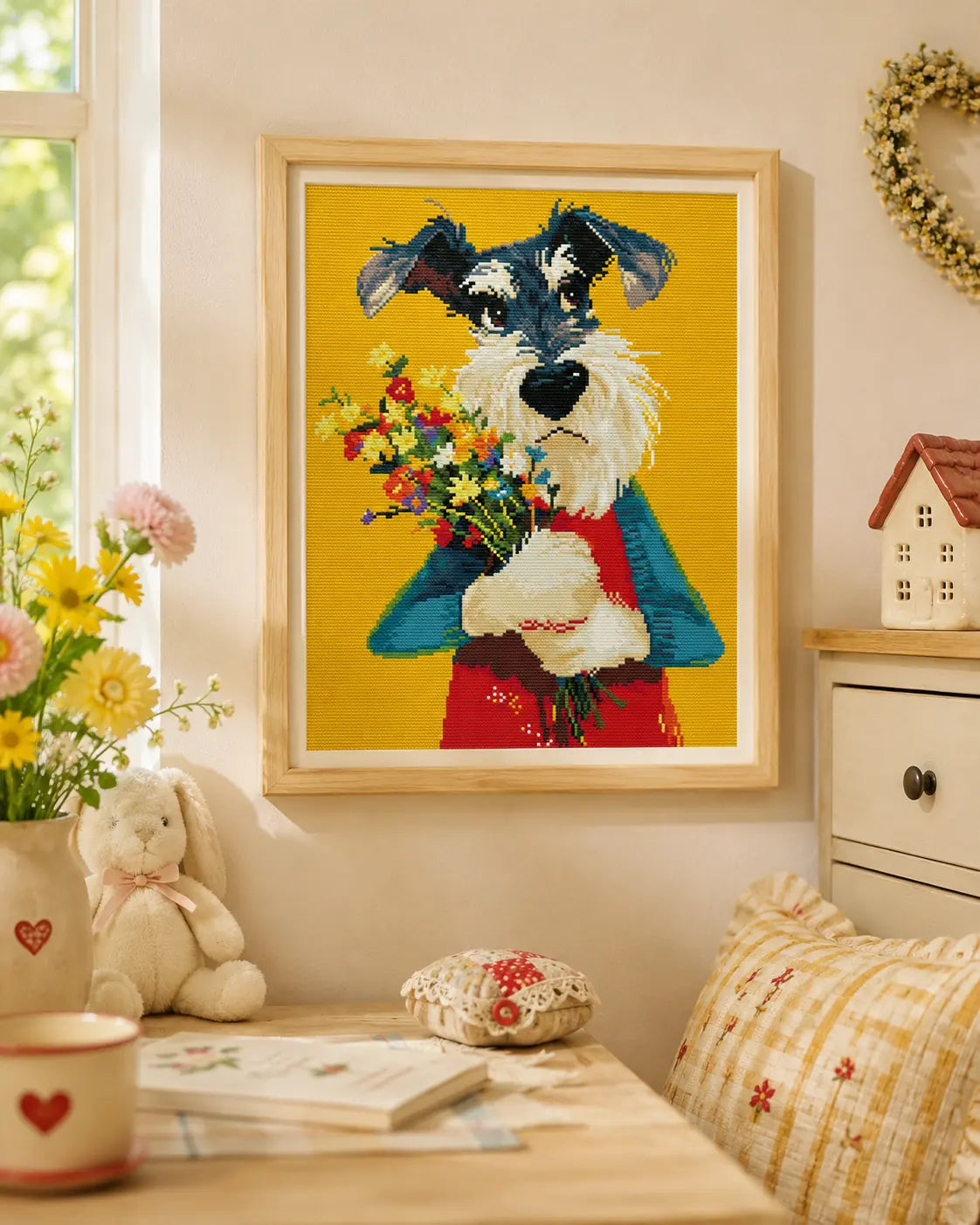 Bewildered Schnauzer diamond painting displayed as cheerful dog wall art with a bright floral bouquet - FEELOOK Art