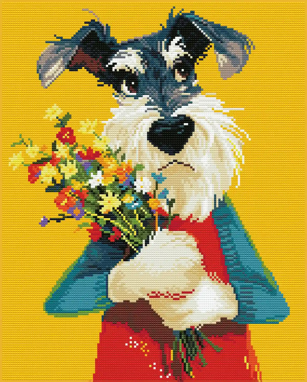 Finished Bewildered Schnauzer diamond painting with crisp resin drill details, bright flowers and a playful dog portrait - FEELOOK Art