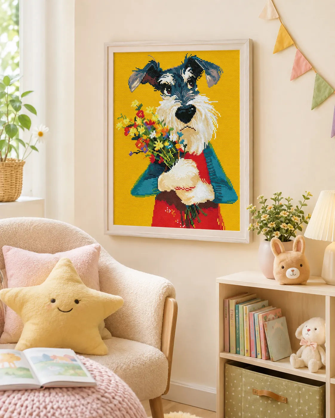 Bewildered Schnauzer diamond painting displayed as cheerful dog wall art with a bright floral bouquet - FEELOOK Art