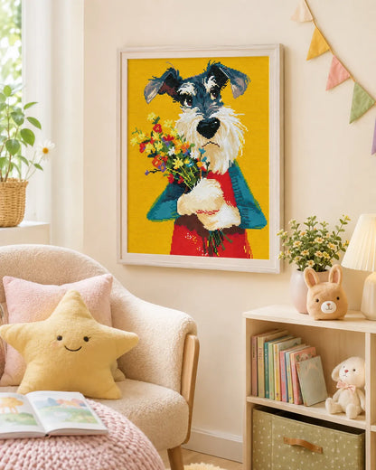 Bewildered Schnauzer diamond painting displayed as cheerful dog wall art with a bright floral bouquet - FEELOOK Art