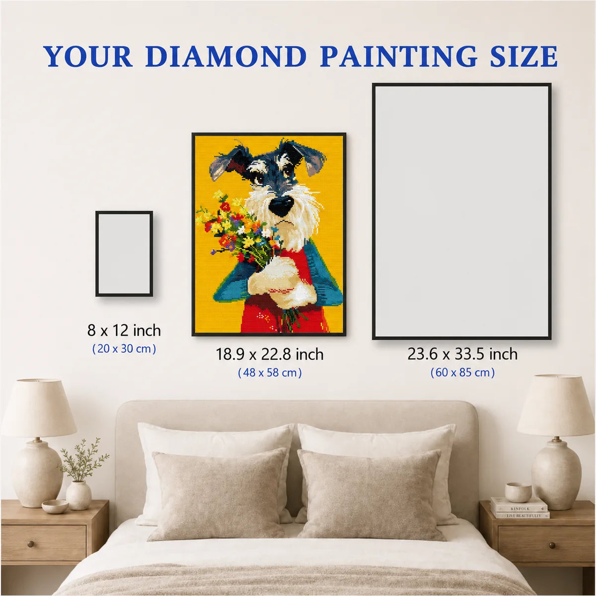 Bewildered Schnauzer diamond painting size chart showing the colorful dog portrait scale for home wall decor - FEELOOK Art