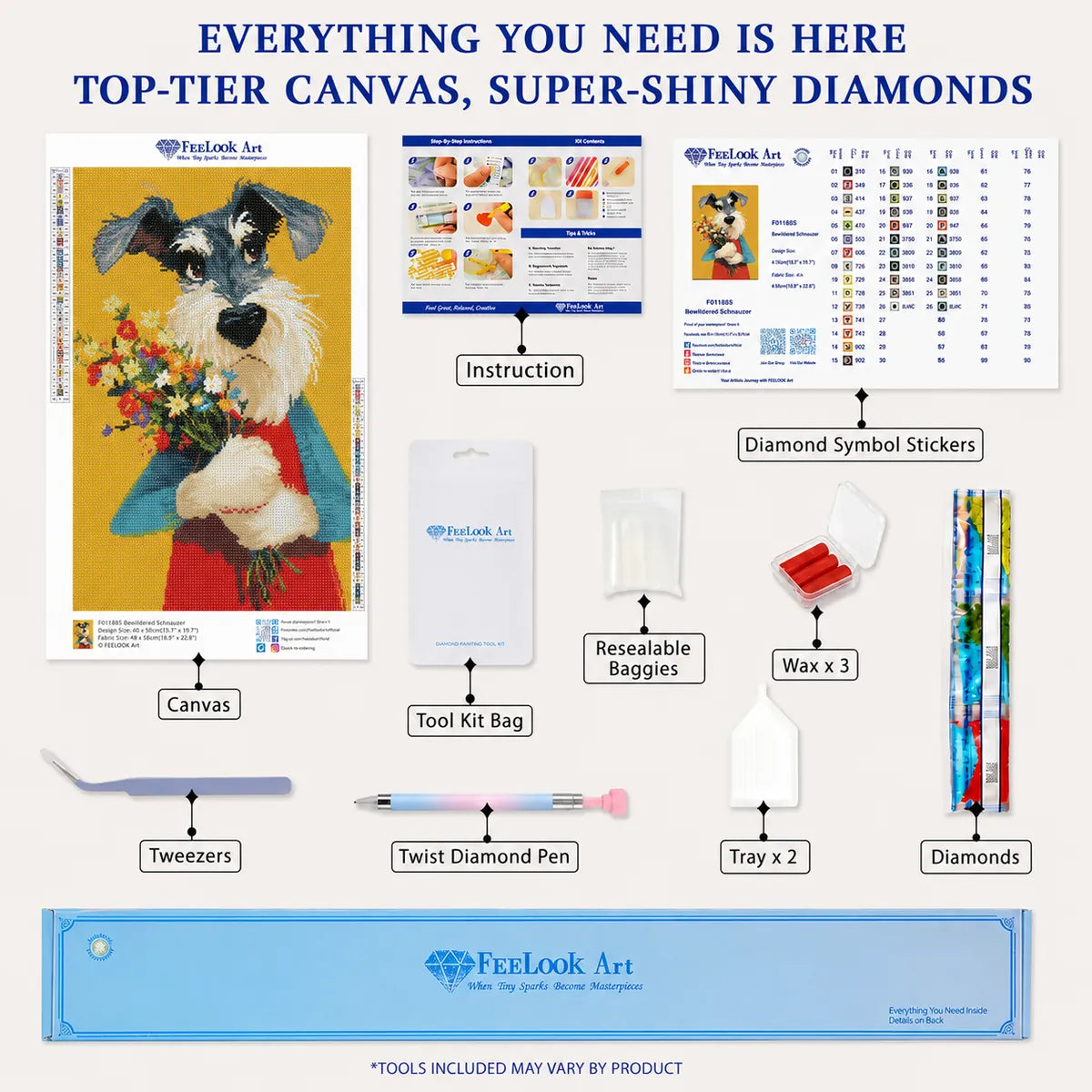 Bewildered Schnauzer diamond painting kit with full drill canvas, resin drills and essential crafting tools - FEELOOK Art