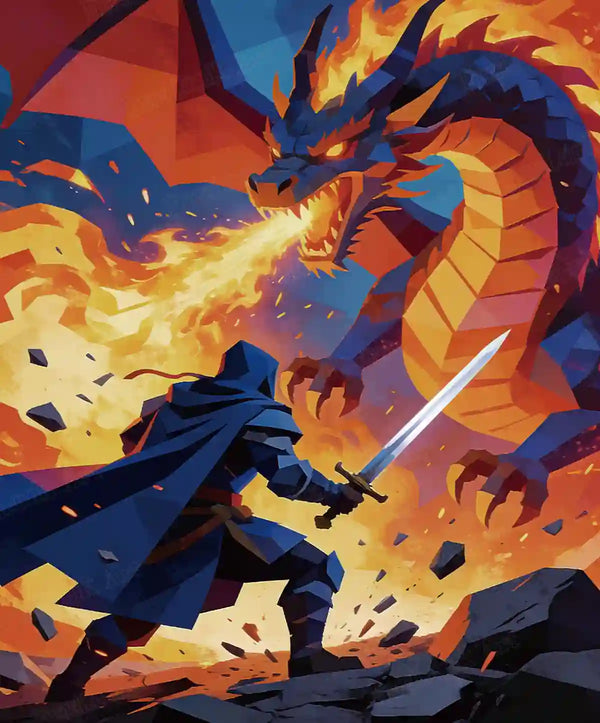  Blaze of the Dragon Low Poly Warrior vs Dragon Diamond Painting Kit Main Image - FEELOOK Art