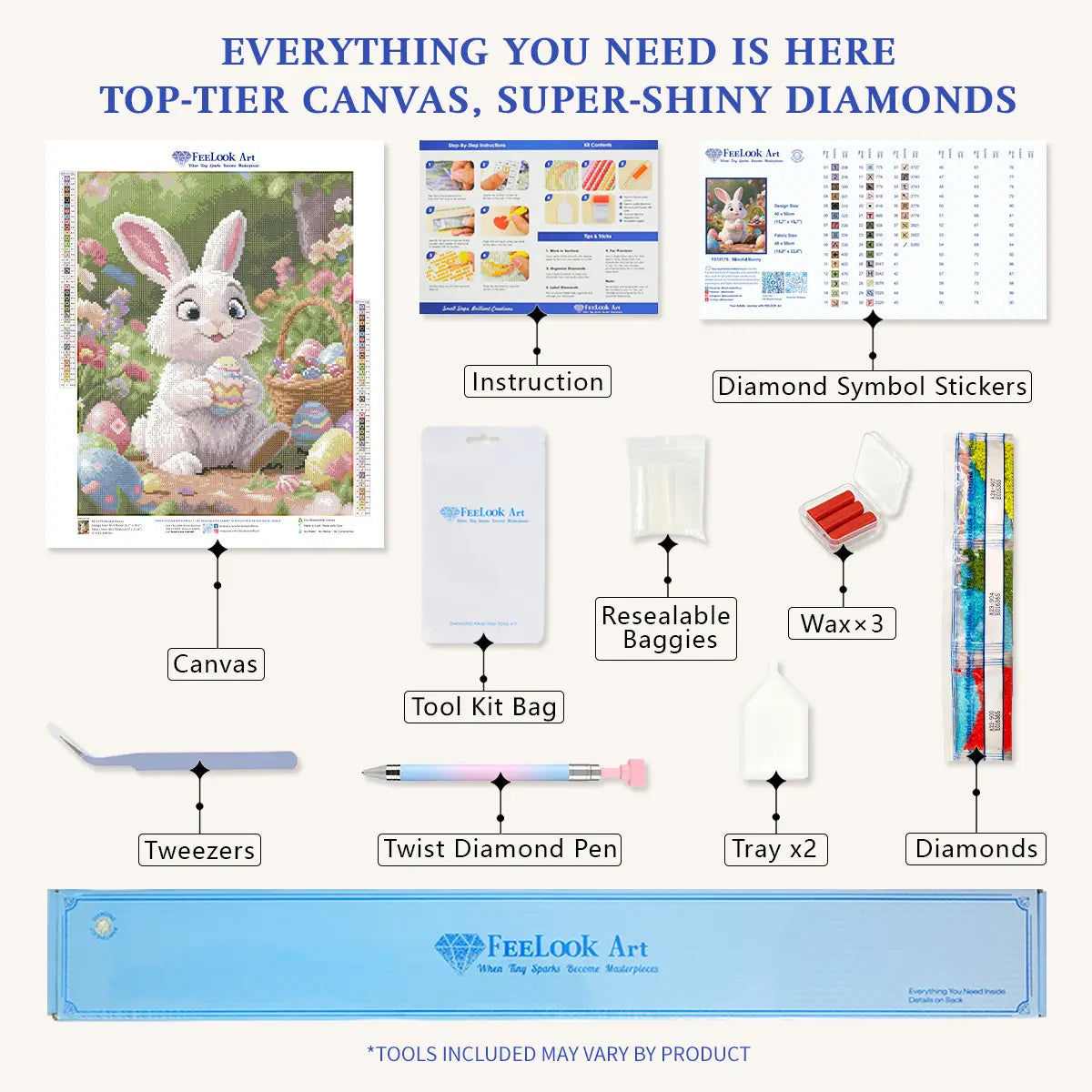Complete Blissful Bunny diamond painting kit with canvas, diamonds and tools - FEELOOK Art