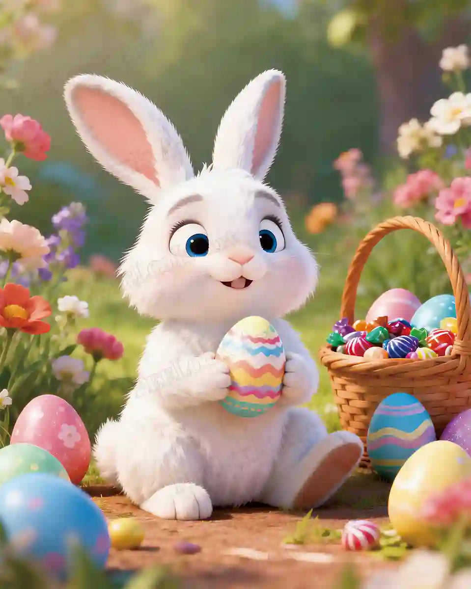Adorable fluffy white bunny holding colorful Easter egg in spring garden diamond painting - FEELOOK Art