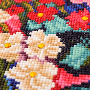 Closeup of Bloom diamond painting showing sparkling diamond drills and detailed pink floral design - FEELOOK Art