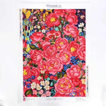 Finished Bloom diamond painting artwork, showcasing full diamond art details and vibrant pink floral design - FEELOOK Art