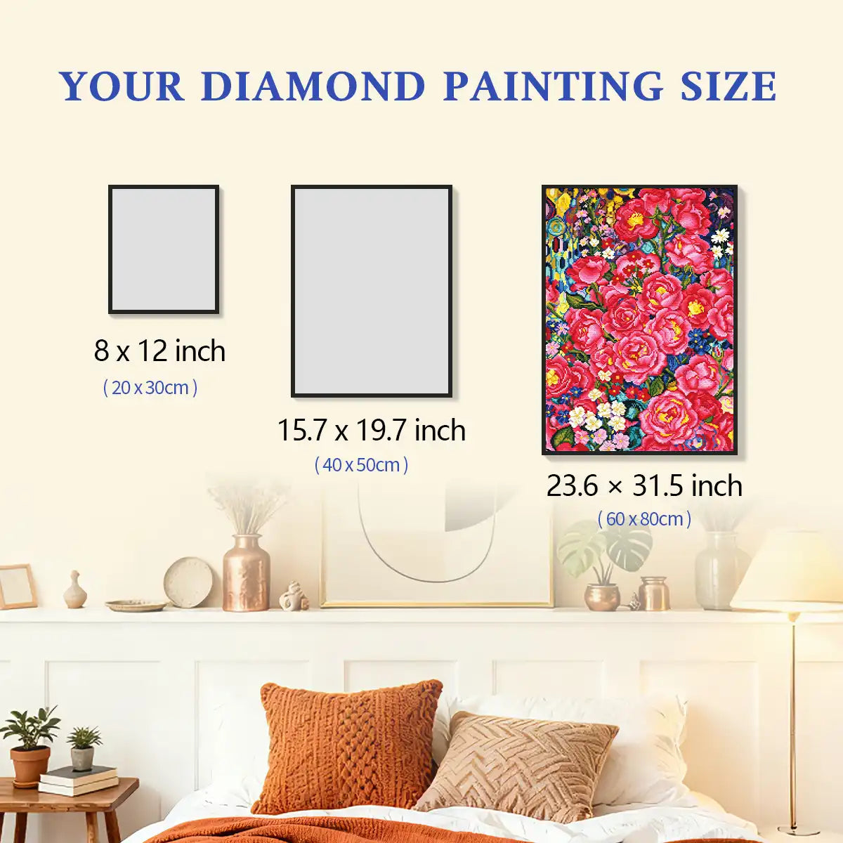 Comparison layout of the Bloom diamond painting showing three different canvas size options for home decor – FEELOOK Art
