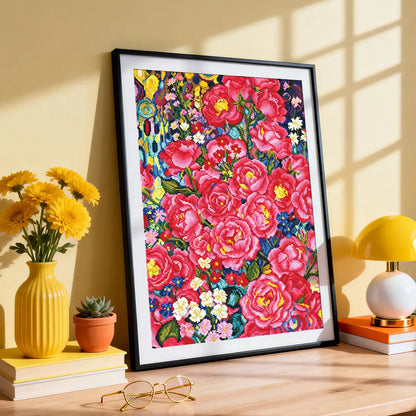 A framed Bloom diamond painting resting on a wooden desk alongside warm sunlight and floral accents – FEELOOK Art