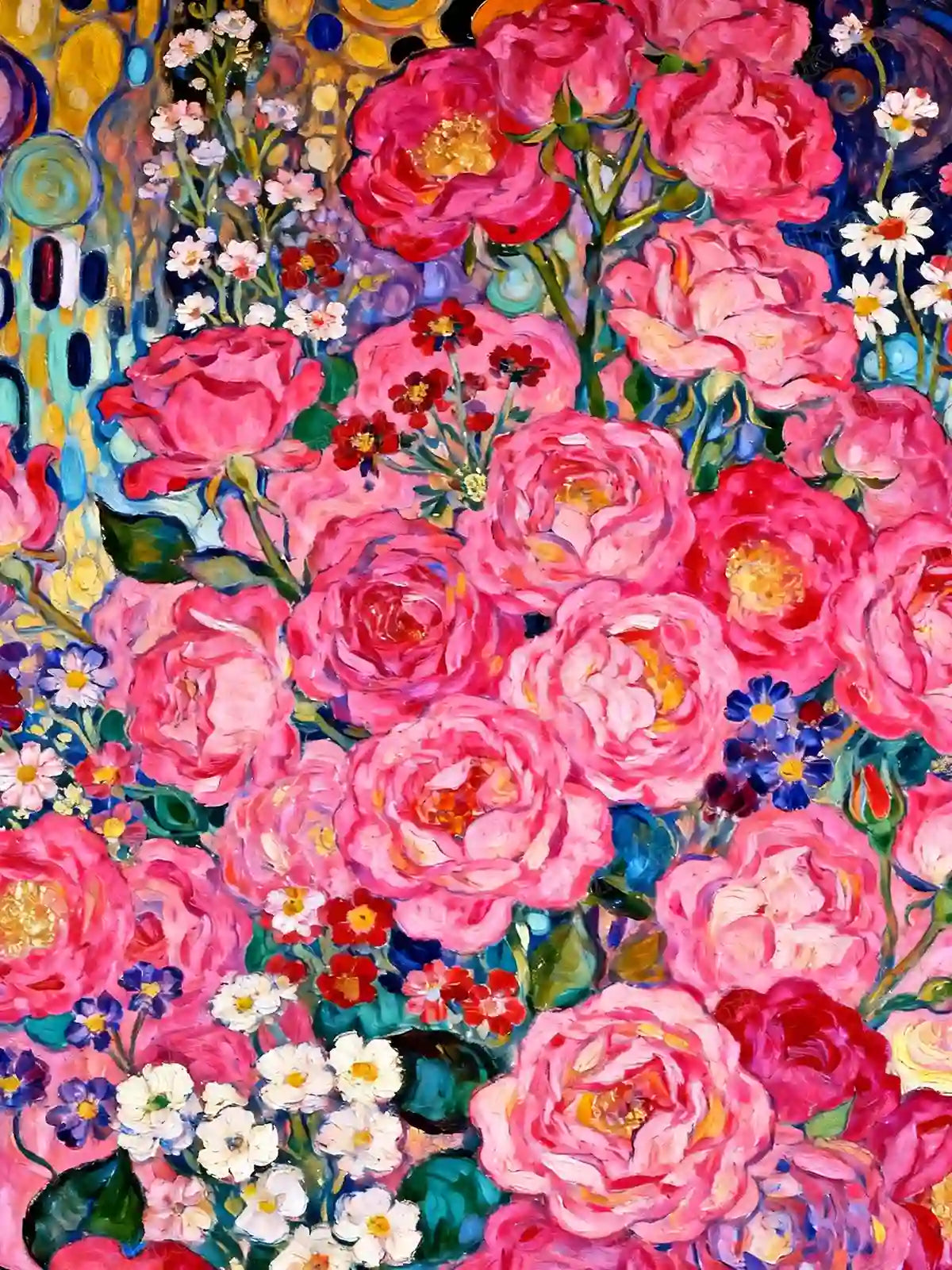 The Bloom diamond painting featuring an oil-style arrangement of deep pink roses and delicate wildflowers – FEELOOK Art