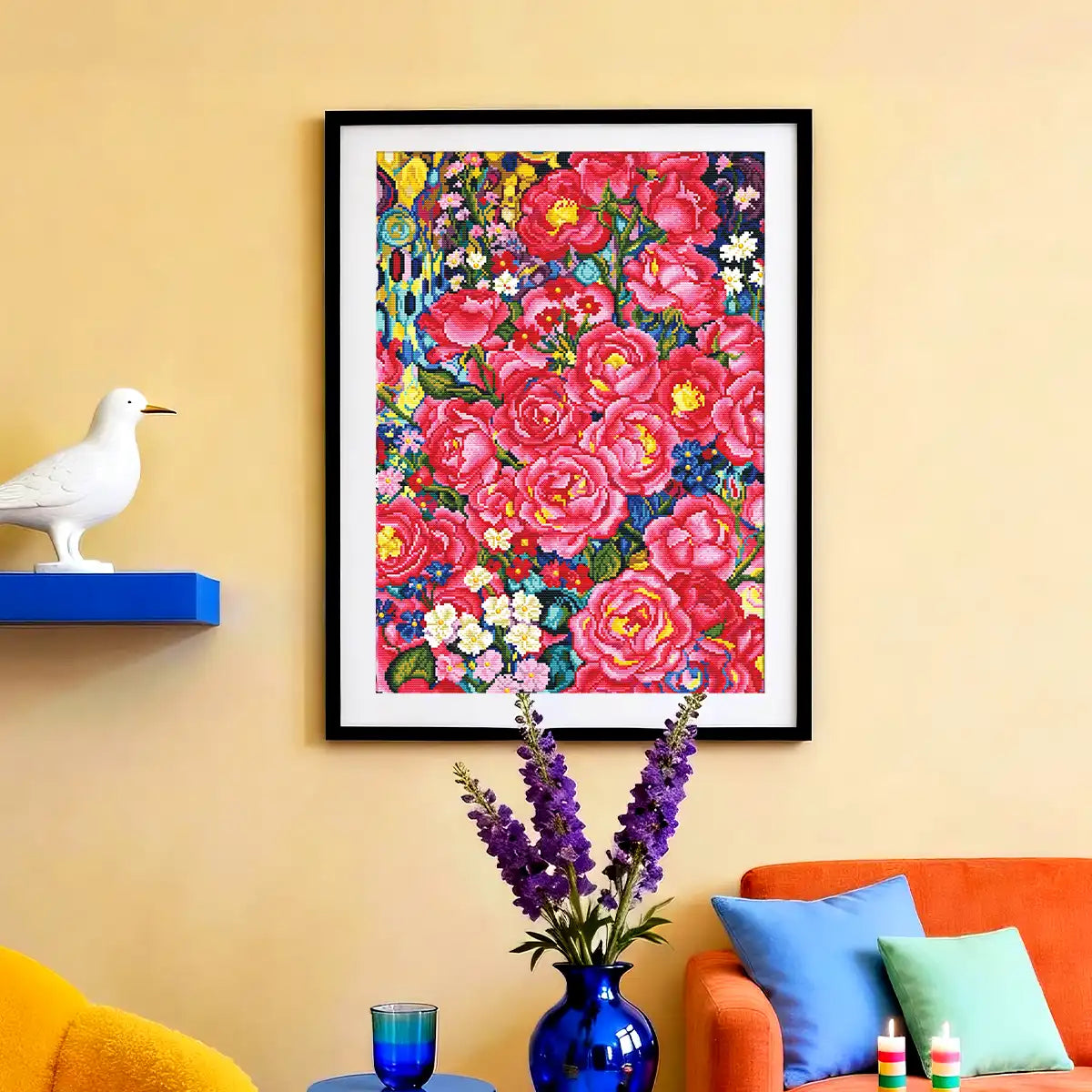 The Bloom diamond painting framed in black on a vibrant yellow wall creating a bold artistic statement – FEELOOK Art
