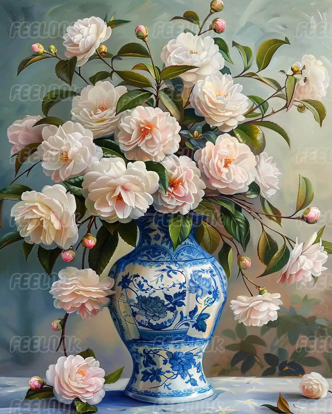 Bloom Peony diamond painting full view with vibrant peony blossoms.