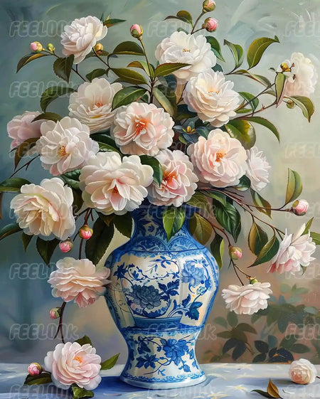 Bloom Peony diamond painting full view with vibrant peony blossoms.