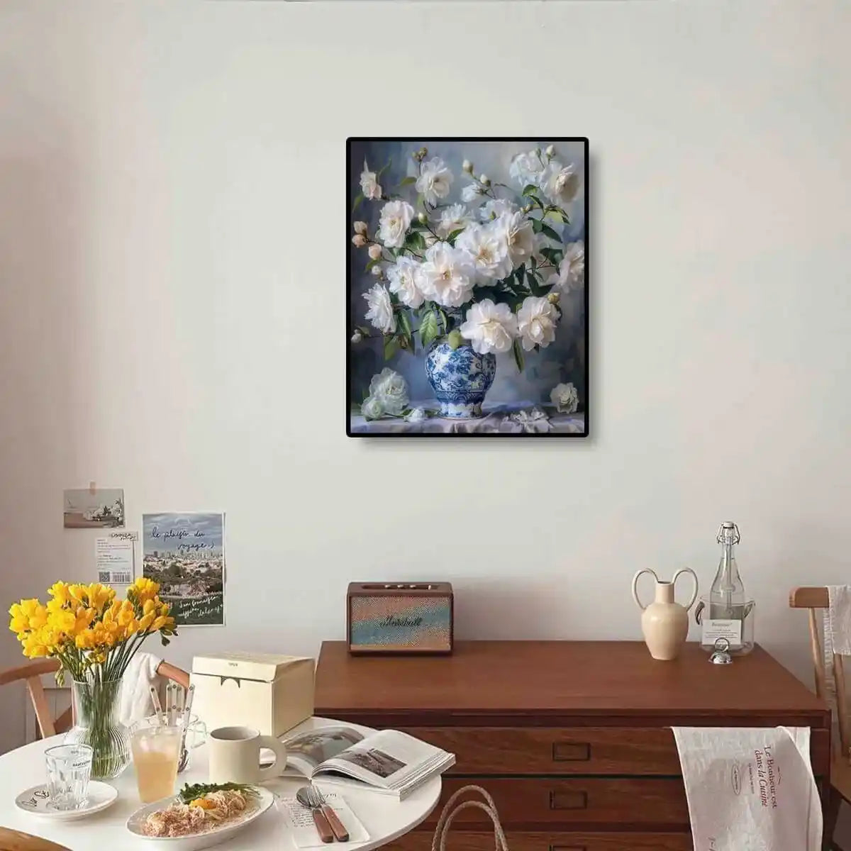 Bloom Peony diamond painting in room, ideal for floral art lovers.