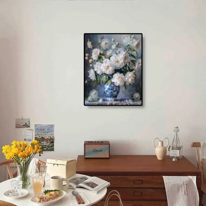 Bloom Peony diamond painting in room, ideal for floral art lovers.