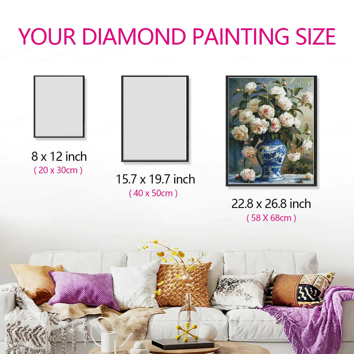 Size reference of Bloom Peony diamond art in a home setting.