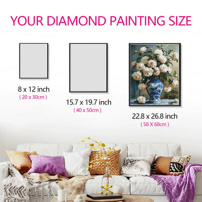 Size reference of Bloom Peony diamond art in a home setting.