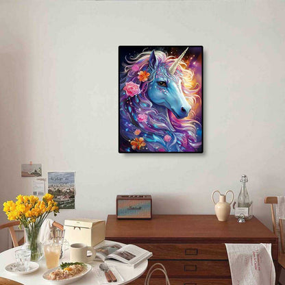 Blooming Unicorn diamond painting displayed in bedroom, enhancing fantasy-inspired home decor.