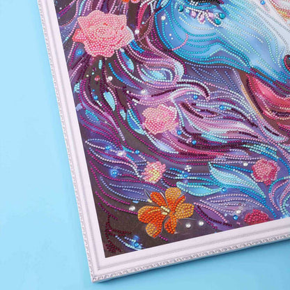 Detail view of Blooming Unicorn's mane and flowers with shimmering diamonds.