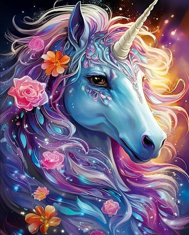 Blooming Unicorn diamond painting kit showcasing vibrant flowers and magical unicorn design.