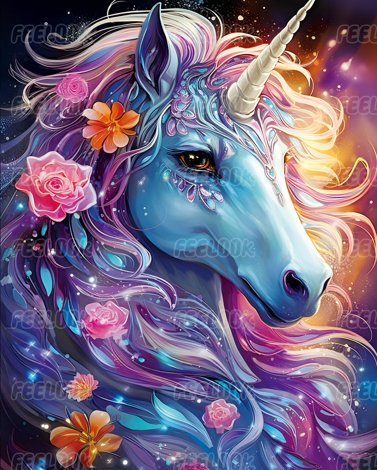 Blooming Unicorn diamond painting kit showcasing vibrant flowers and magical unicorn design.