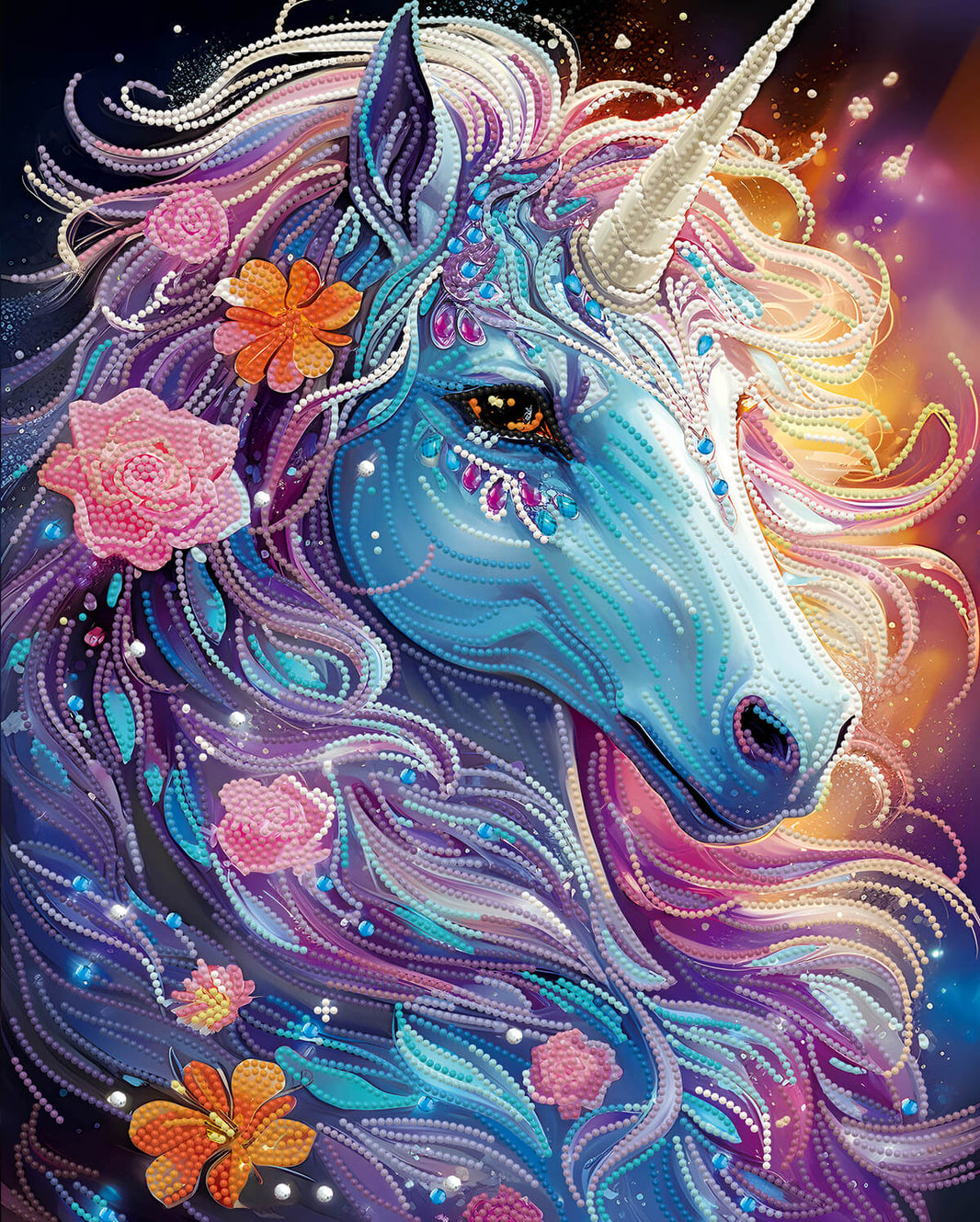 Rendered view of Blooming Unicorn diamond painting with sparkling flowers and unicorn.