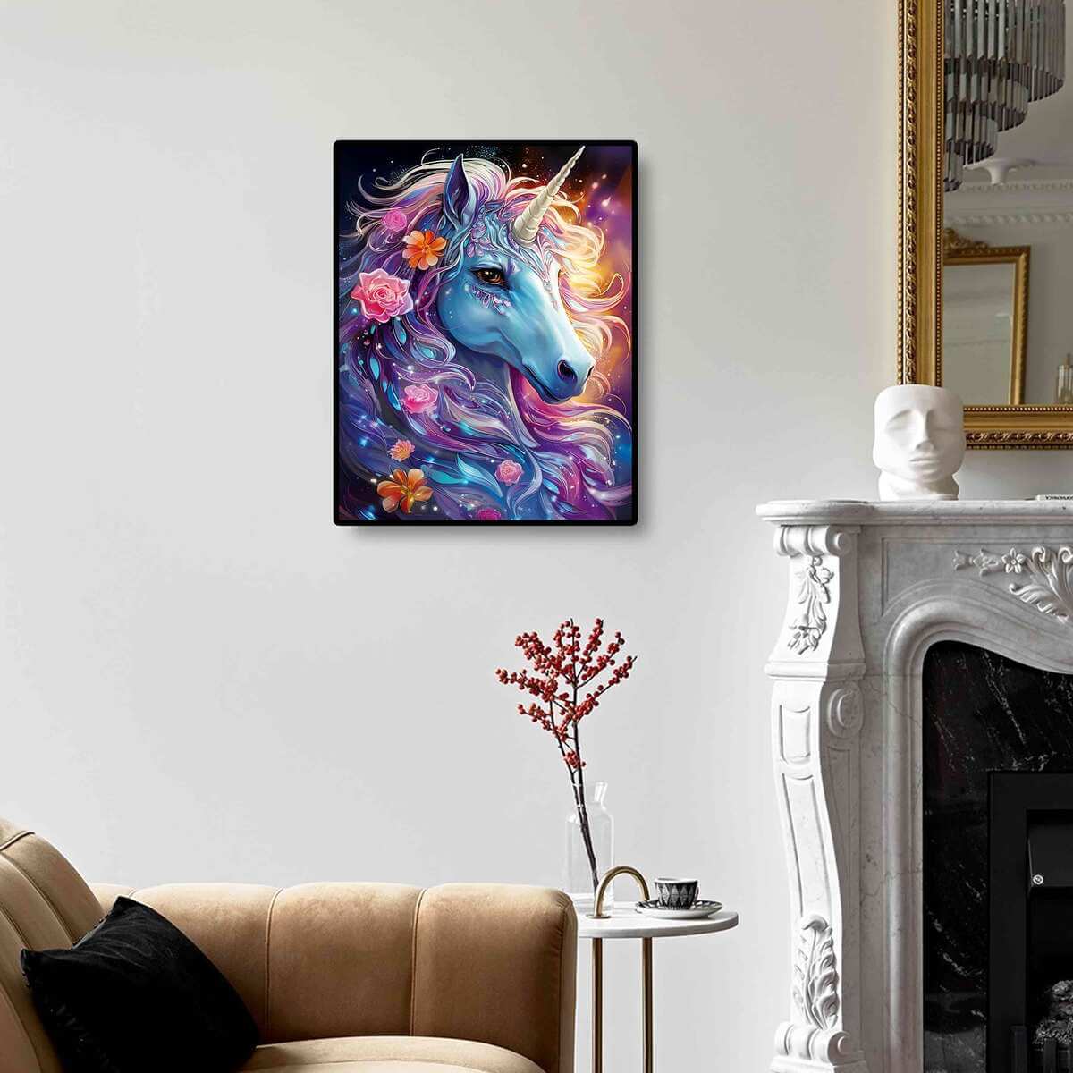 Blooming Unicorn diamond painting displayed on the wall, perfect for unicorn and fantasy home decor.