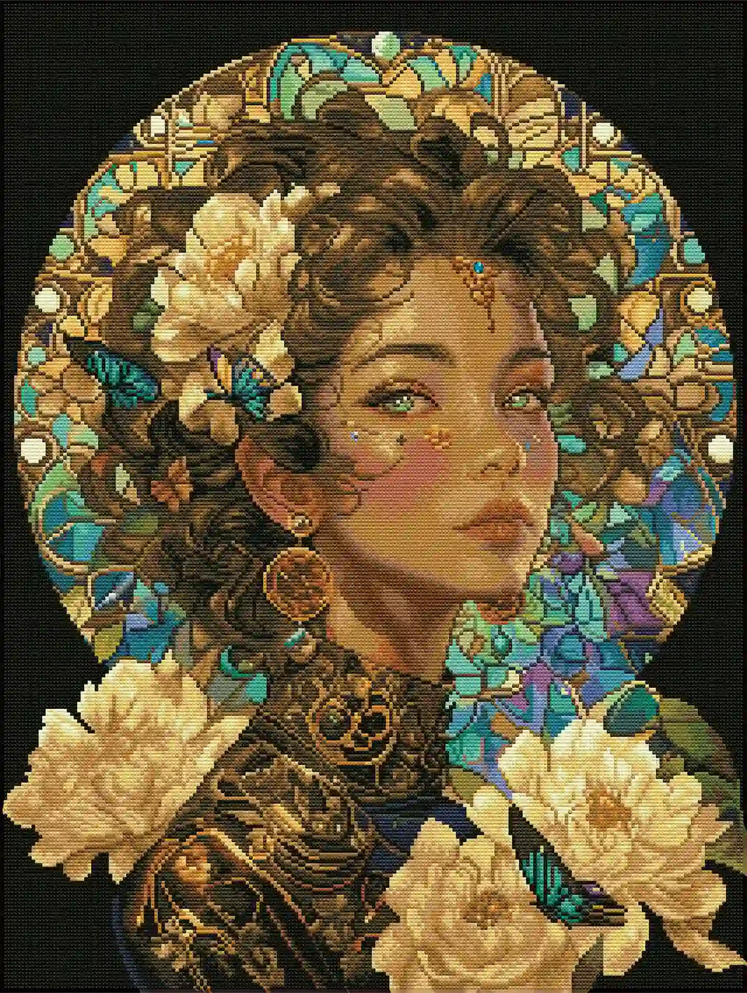 Completed Bloomosaic 5D diamond painting: detailed stained-glass scene with special drills accents - FEELOOK Art