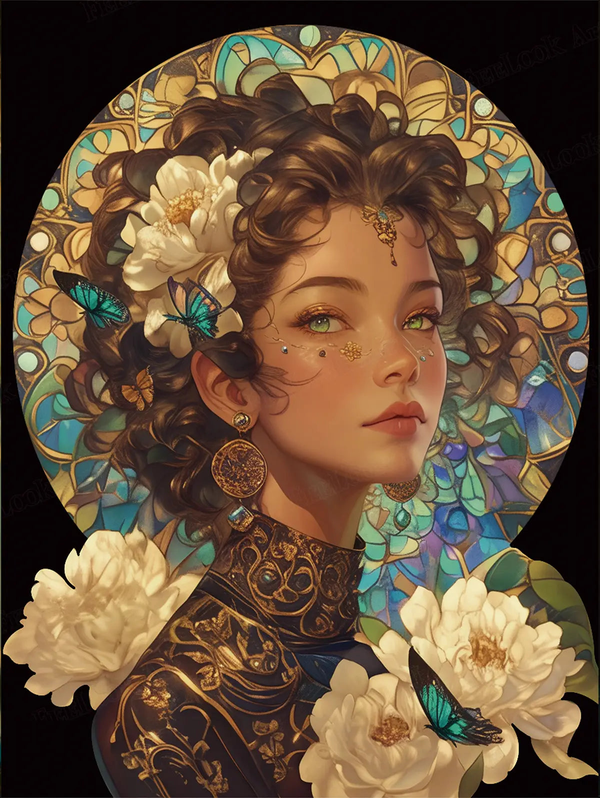 Main image of Bloomosaic 5D diamond painting: stained-glass style figure with peonies & butterflies - FEELOOK Art