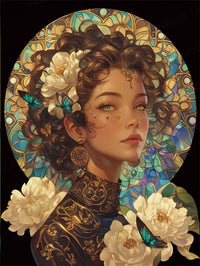 Main image of Bloomosaic 5D diamond painting: stained-glass style figure with peonies & butterflies - FEELOOK Art