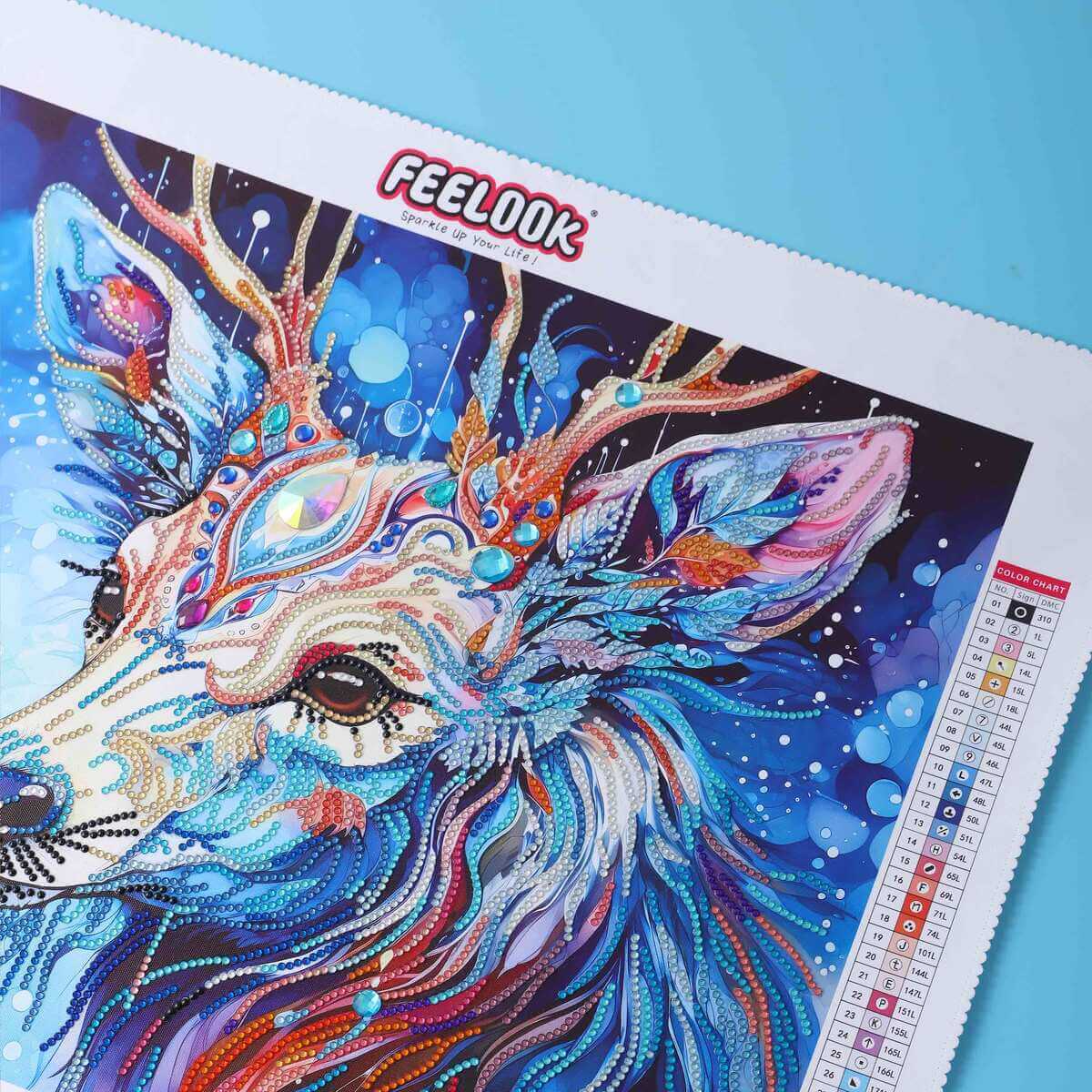 Close-up detail of the Blue Moose in the diamond painting canvas, highlighting the rich textures and colors achieved with the round drill diamond painting method.