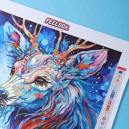 Close-up detail of the Blue Moose in the diamond painting canvas, highlighting the rich textures and colors achieved with the round drill diamond painting method.