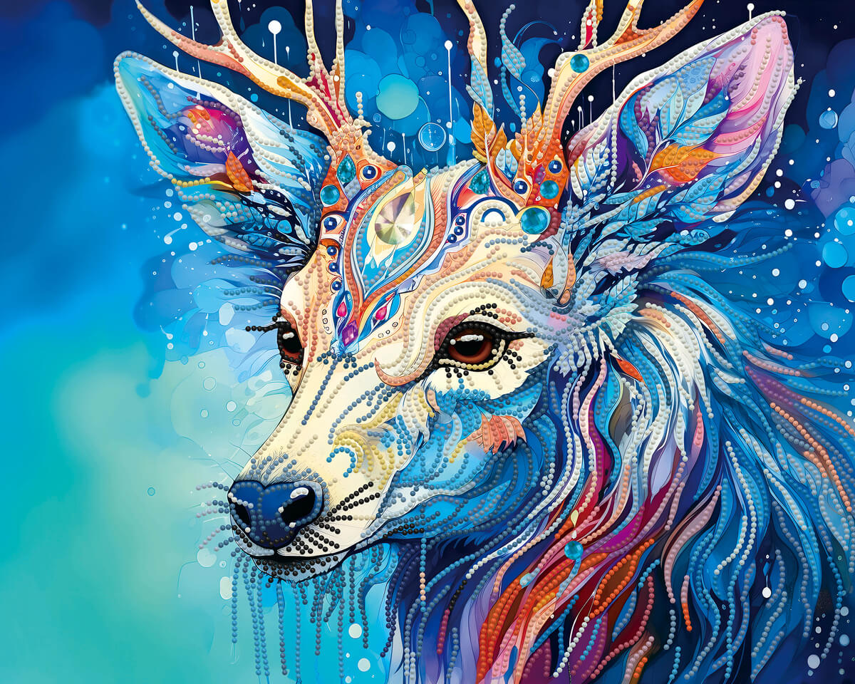 Rendered view of the Blue Moose diamond painting canvas, capturing the intricate details and vibrant colors of this peaceful animal.