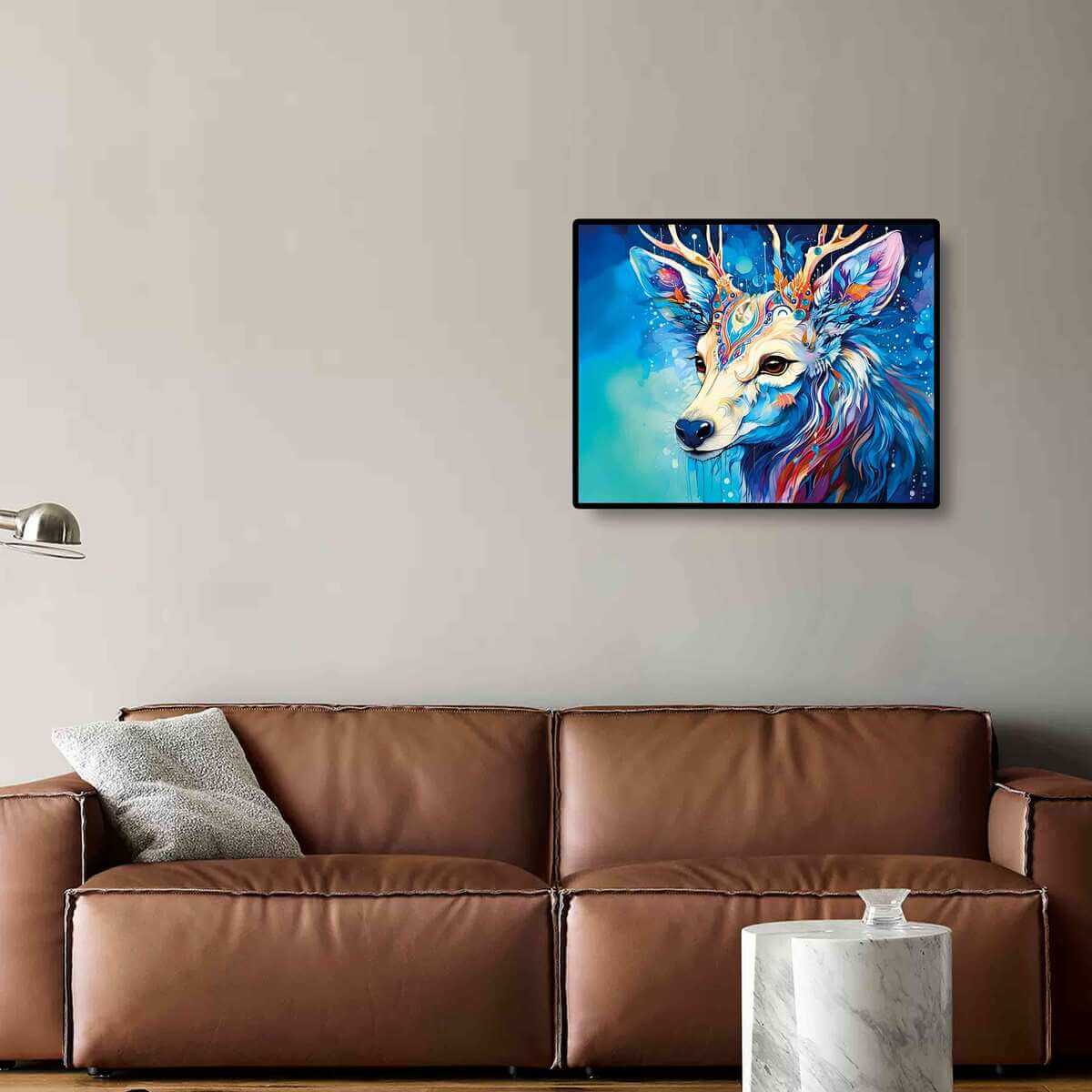 Blue Moose diamond art kit framed on the wall, ideal for nature-themed home decor, enhancing any space with its serene blue hues and natural beauty.