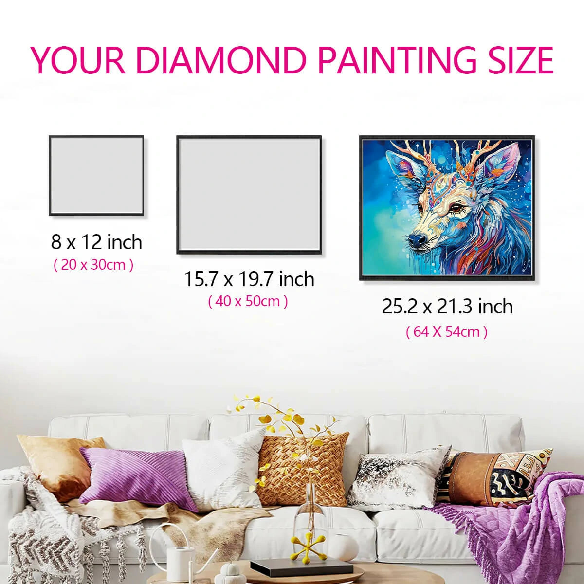 Size guide for the Blue Moose diamond painting canvas, demonstrating the perfect proportions for any room, bringing nature's beauty indoors.