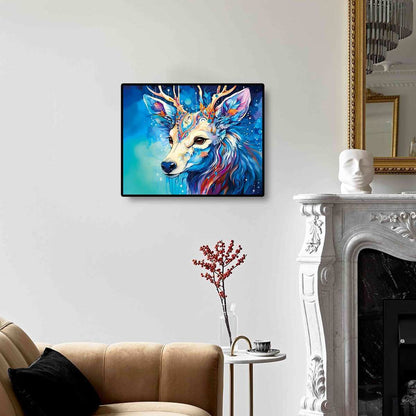 Blue Moose diamond painting displayed on the wall, bringing a calming and majestic presence to your living room or study with its tranquil design.