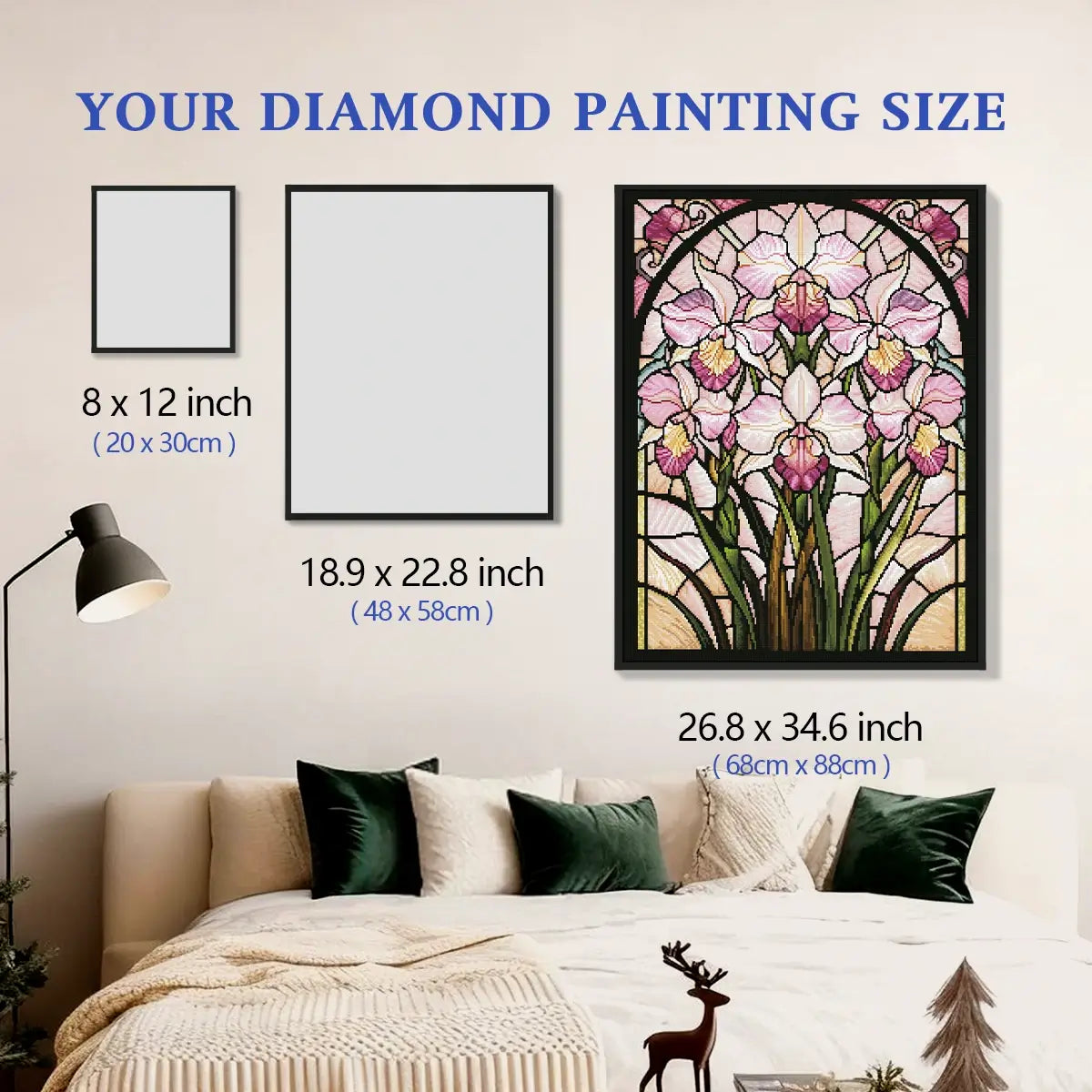 Blush Orchid Glass 5D diamond painting size chart showing stained glass orchid artwork scale - FEELOOK Art
