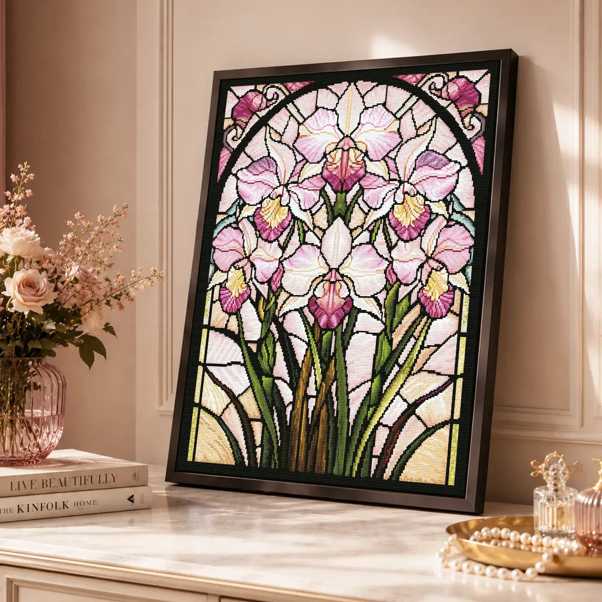Blush Orchid Glass diamond art kit styled for relaxing floral craft time with resin drills - FEELOOK Art