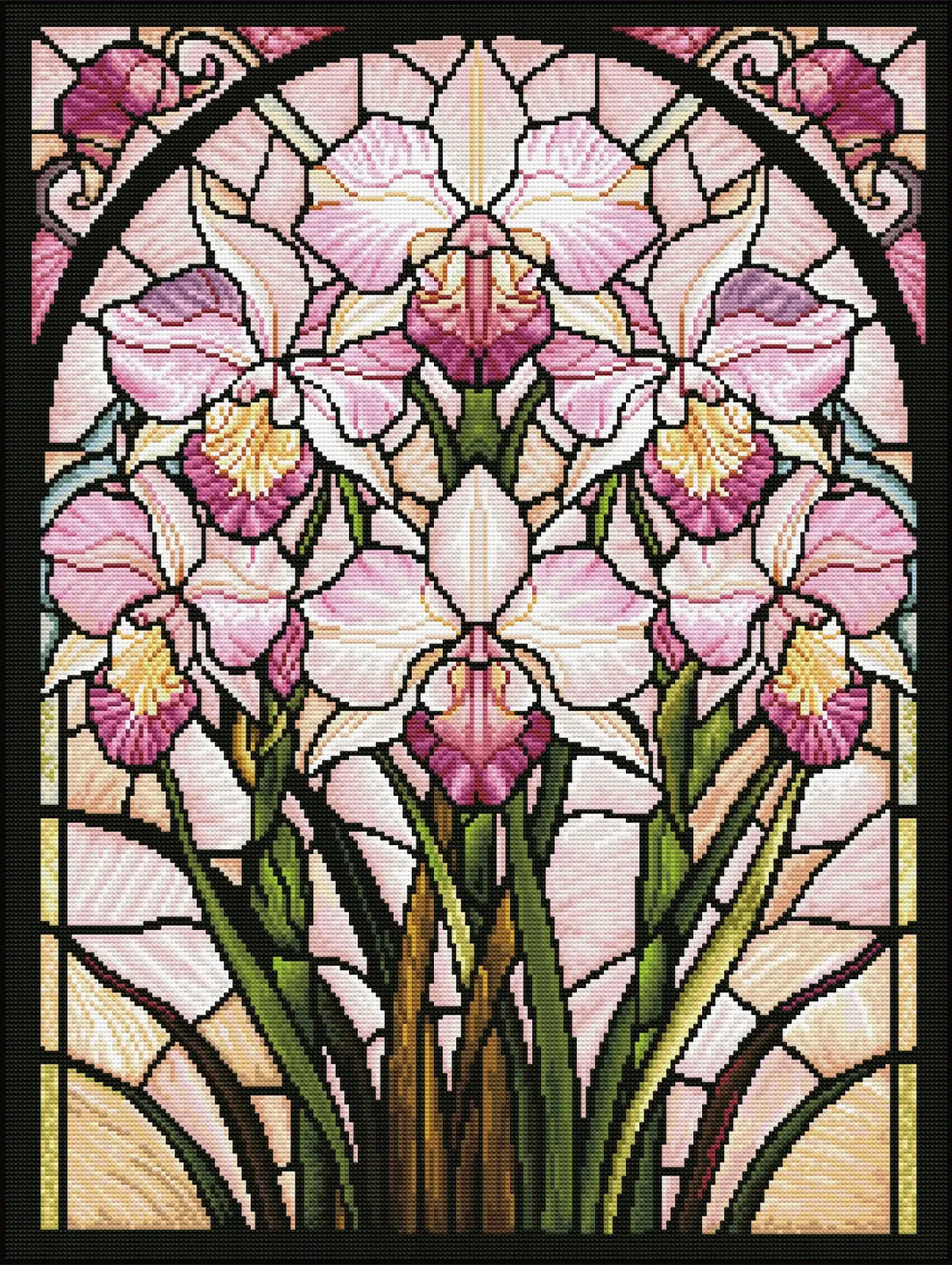 Finished Blush Orchid Glass diamond painting with soft pink orchids and stained glass glow - FEELOOK Art