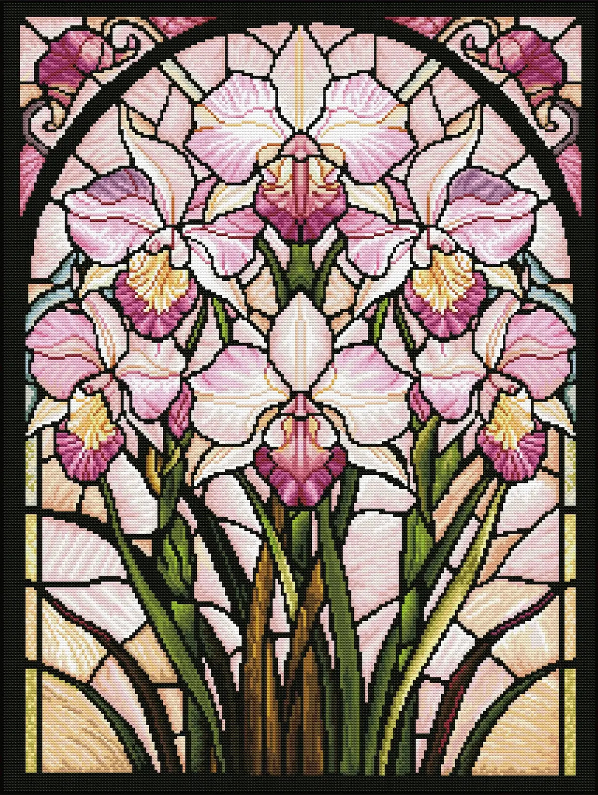 Finished Blush Orchid Glass diamond painting with soft pink orchids and stained glass glow - FEELOOK Art