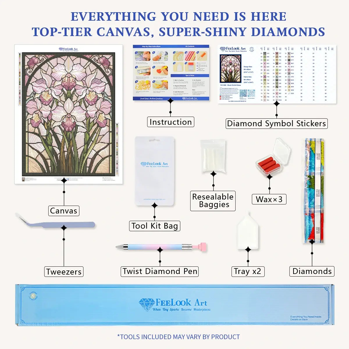 Blush Orchid Glass diamond painting kit with full drill canvas, resin drills and DIY tools - FEELOOK Art