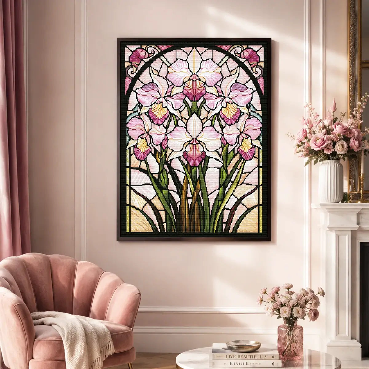 Blush Orchid Glass diamond painting displayed as elegant floral stained glass wall decor - FEELOOK Art
