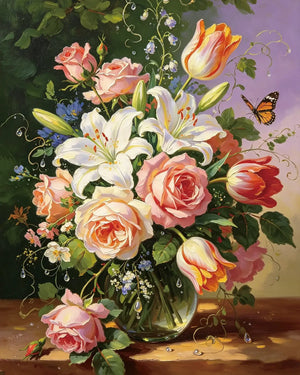 Brushstroke Blooms 5D diamond painting kit with roses, lilies, tulips and butterfly floral still life - FEELOOK Art