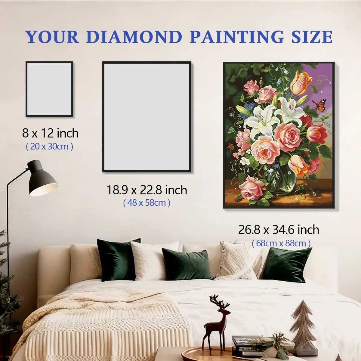 Brushstroke Blooms 5D diamond painting size chart showing elegant floral artwork scale for home wall decor - FEELOOK Art